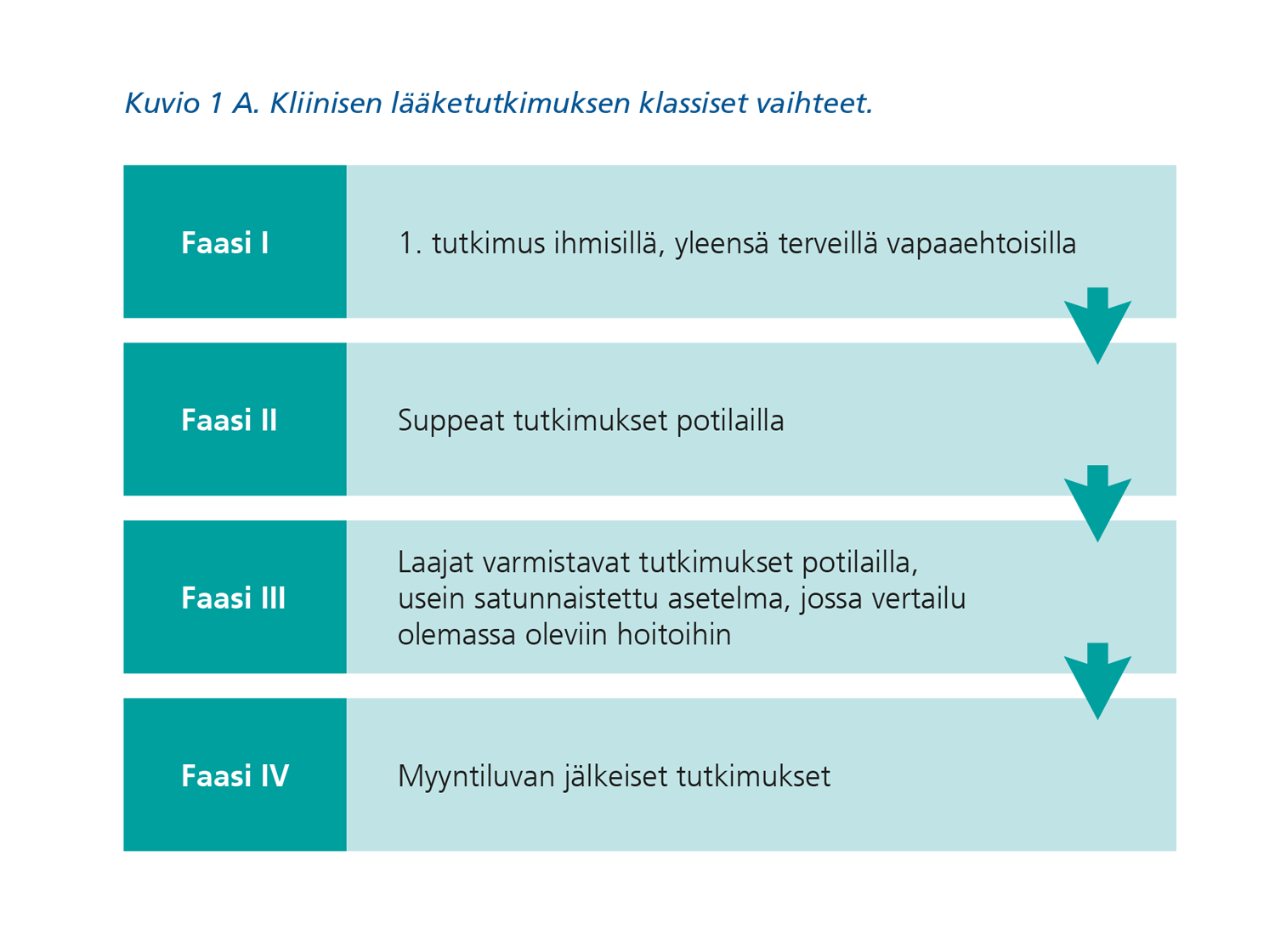 Kuvio 1 A. Kliinisen lääketutkimuksen klassiset vaiheet. Faasi 1: 1. tutkimus ihmisillä, yleensä terveillä vapaaehtoisilla. Faasi 2: Suppeat tutkimukset potilailla. Faasi 3: Laajat varmistavat tutkimukset potilailla, usein satunnaistettu asetelma, jossa vertailu olemassa oleviin hoitoihin. Faasi 4: Myyntiluvan jälkeiset tutkimukset.