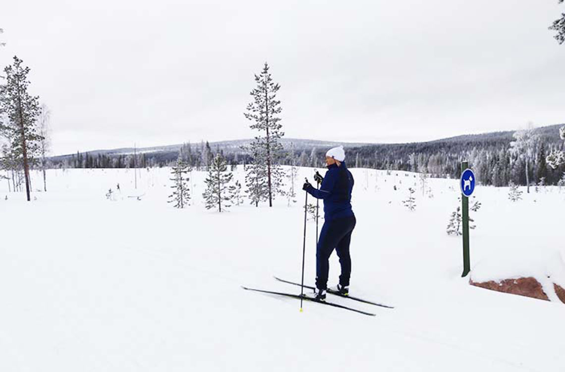 Fimean myyntilupakoordinaattori Jenni Sääskilahti hiihtämässä. Taustalla luminen tunturimaisema.