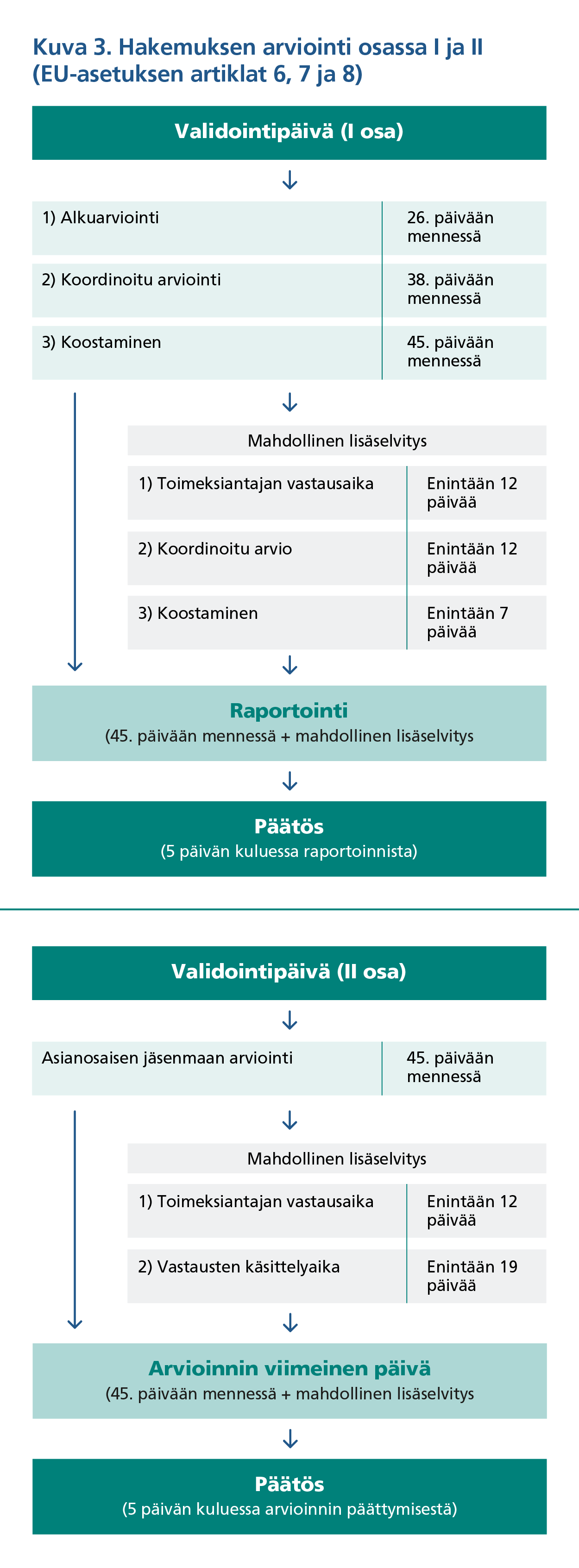 Kuva 3. Hakemuksen arviointi osassa yksi ja kaksi (EU-asetuksen artiklat 6, 7 ja 8). Validointipäivän ensimmäisen osan käsittelyaika koostuu: 1. Alkuarviointi 26. päivään mennessä; 2. Koordinoitu arviointi 38. päivään mennessä; 3. Koostaminen 45. päivään mennessä (lisäksi mahdollinen lisäselvitys, joka koostuu toimeksiantajan vastausajasta enintään 12 päivää, koordinoidusta arviosta enintään 12 päivää ja koostamisesta enintään seitsemän päivää); 4. Raportointi 45. päivään mennessä (+ mahdollinen lisäselvitys); 5. Päätös viiden päivän kuluessa raportoinnista. Validointipäivän toisen osan aikataulu koostuu: 1. Asianosaisen jäsenmaan arviointi 45. päivään mennessä (+ mahdollinen lisäselvitys, joka koostuu toimeksiantajan vastausajasta enintään 12 päivää ja vastausten käsittelyajasta enintään 19 päivää); 2. Päätös viiden päivän kuluessa raportoinnista.