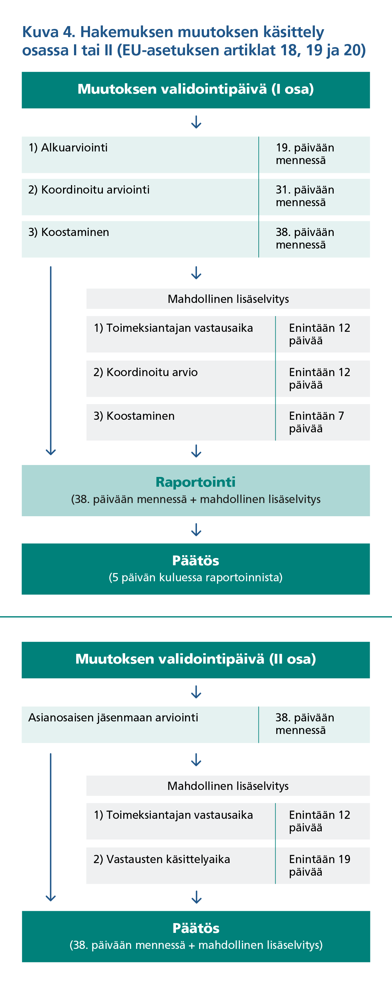 Kuva 4. Hakemuksen muutoksen käsittely osassa yksi tai kaksi (EU-asetuksen artiklat 18, 19 ja 20). Muutoksen validointipäivän ensimmäisen osan käsittelyaika koostuu: 1. Alkuarviointi 19. päivään mennessä; 2. Koordinoitu arviointi 31. päivään mennessä; 3. Koostaminen 38. päivään mennessä (lisäksi mahdollinen lisäselvitys, joka koostuu toimeksiantajan vastausajasta enintään 12 päivää, koordinoidusta arviosta enintään 12 päivää ja koostamisesta enintään seitsemän päivää); 4. Raportointi 38. päivään mennessä (+ mahdollinen lisäselvitys); 5. Päätös viiden päivän kuluessa raportoinnista. Muutoksen validointipäivän toisen osan käsittelyaika koostuu: 1. Asianosaisen jäsenmaan arviointi 38. päivään mennessä (+ lisäksi mahdollinen lisäselvitys, joka koostuu toimeksiantajan vastausajasta enintään 12 päivää ja vastausten käsittelyajasta enintään 19 päivää); 2. Päätös 38. päivään mennessä (+ mahdollinen lisäselvitys).