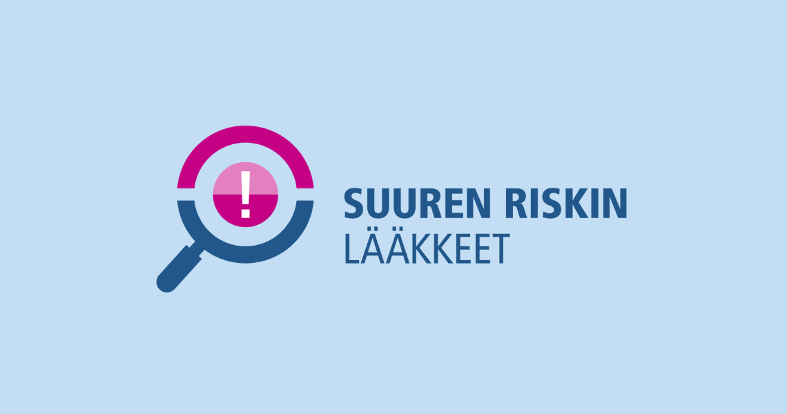 Kansallisen riskilääkeluokituksen logo, jossa suurennuslasi ja teksti suuren riskin lääkeet.