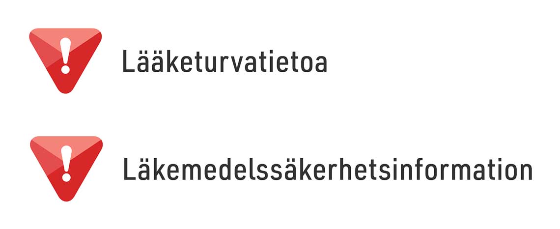 Uusi lääketurvatiedon tunnus logona sekä teksti lääketurvatietoa ja läkemedelssäkerhetsinformation.